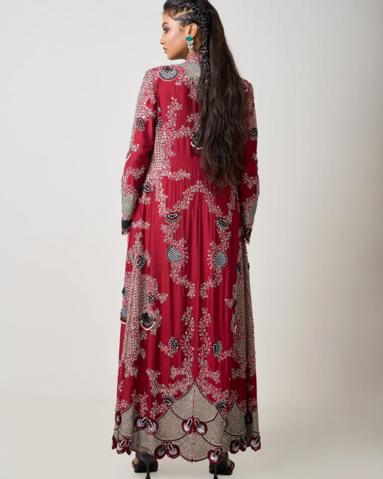 Burgundy Hand Embroidered Long Jacket With Pick Up Skirt Set