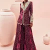 Burgundy Rosette Jacket And Sharara Set