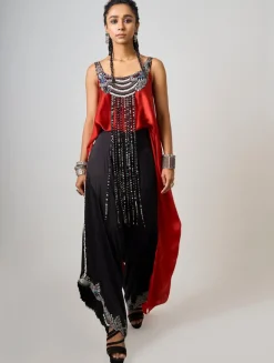 Burgundy Tie-Dye & Hand Embroidered Singlet Drape Pant Set
