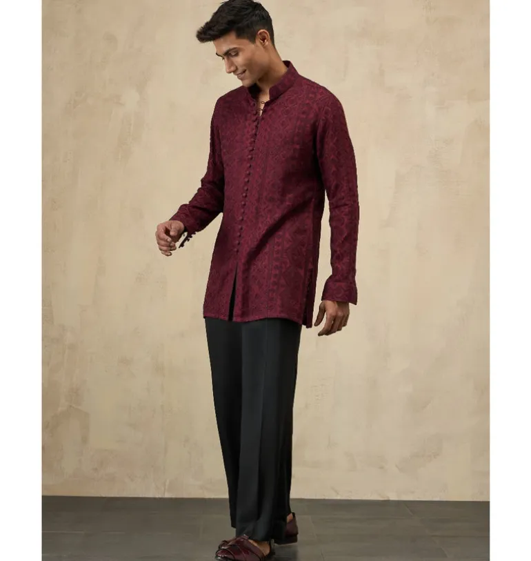 Burgundy Vertical Aari Short Kurta Set