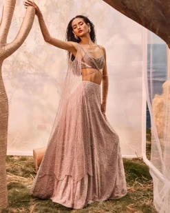 Burnt Pink Floral Embroidered Lehenga Set