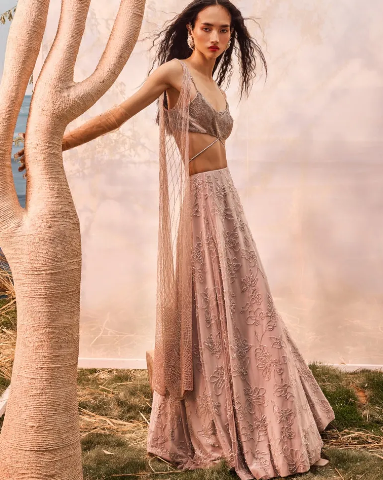 Burnt Pink Floral Embroidered Lehenga Set