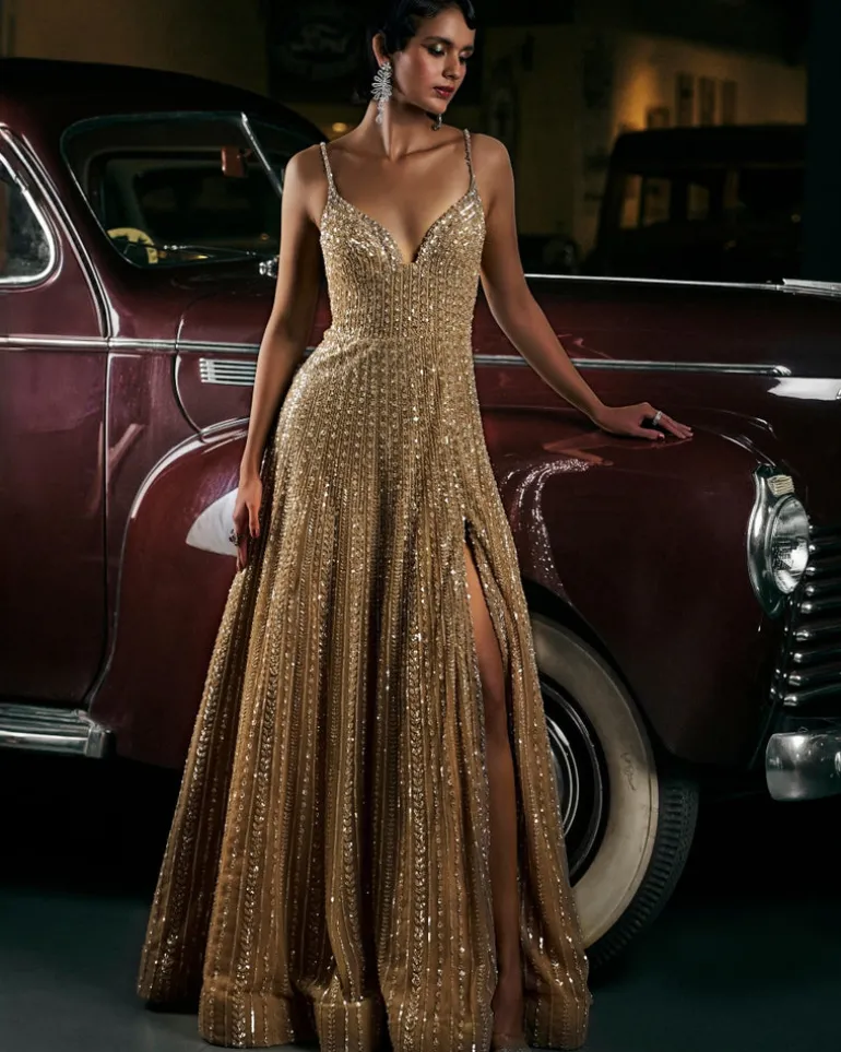 Caramel Slit Sequin Gown