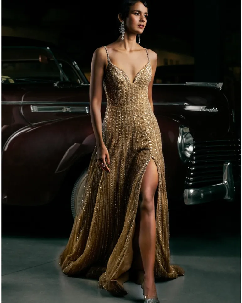 Caramel Slit Sequin Gown