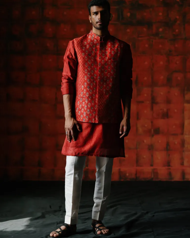 Cassian Brick Red Nehru Jacket Set