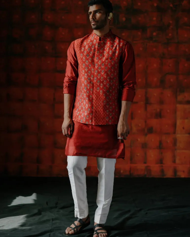 Cassian Brick Red Nehru Jacket Set