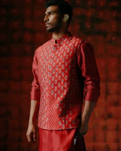 Cassian Brick Red Nehru Jacket Set