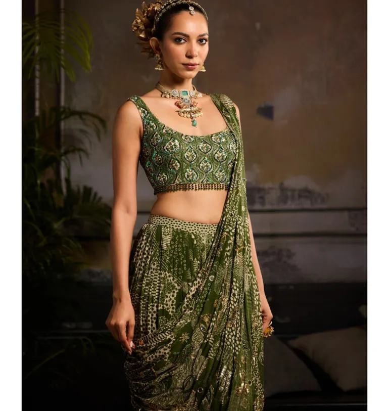 Celestial Moss Skirt Sari Set