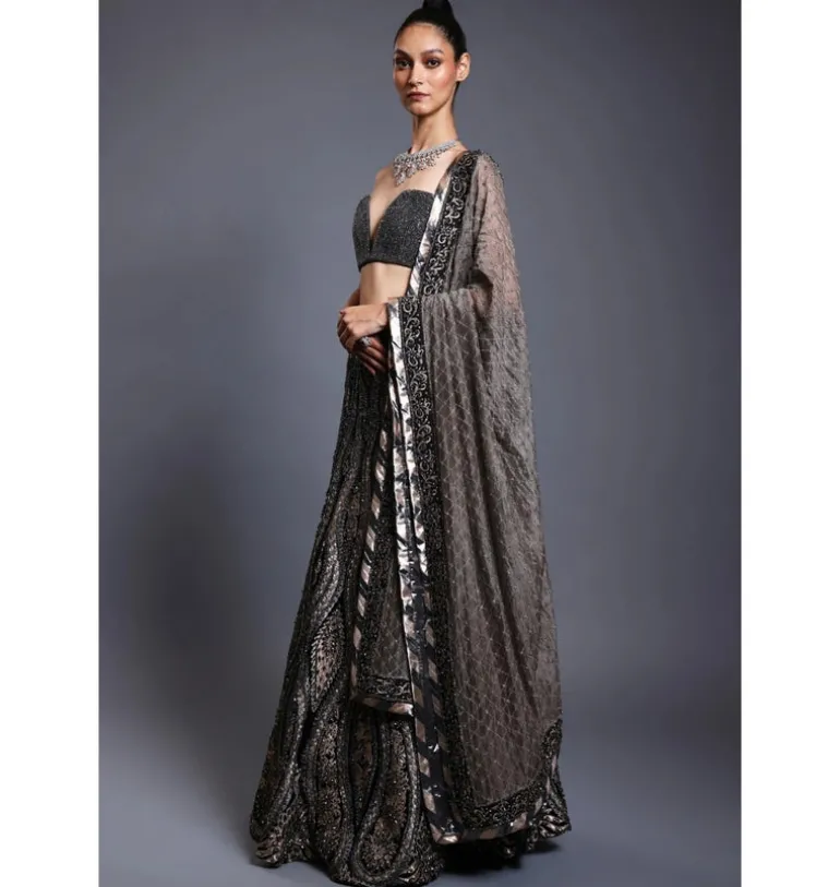 CF Applique Gunmetal Lehenga Set