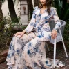 Champagne Blue Blossom Print Embroidered Jacket Top And Gharara Set