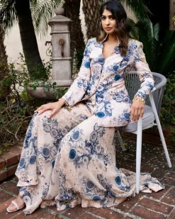 Champagne Blue Blossom Print Embroidered Jacket Top And Gharara Set