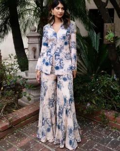 Champagne Blue Blossom Print Embroidered Jacket Top And Gharara Set