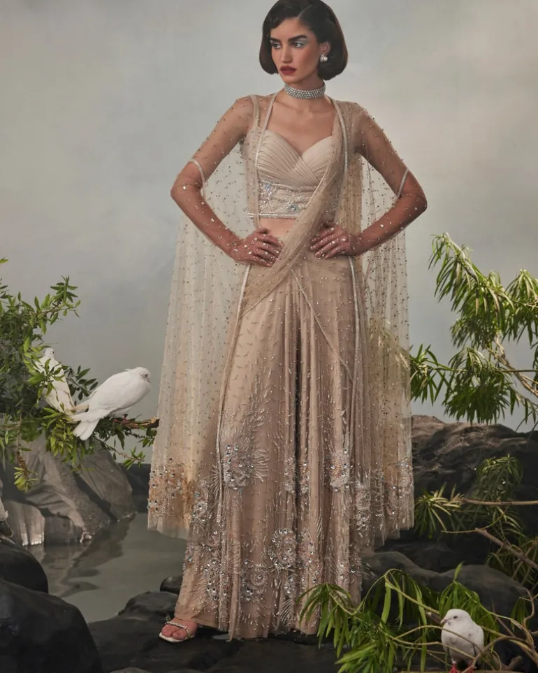 Champagne Cape Sharara Sari Set