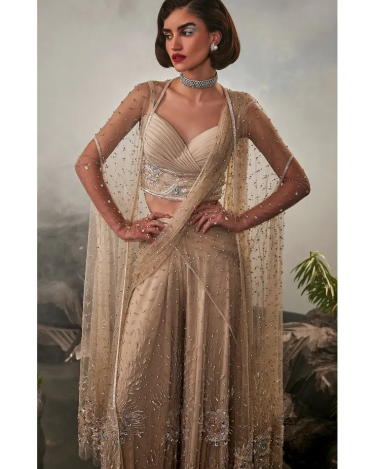 Champagne Cape Sharara Sari Set