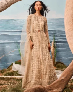 Champagne Geometrically Embroidered Jacket And Lehenga Set