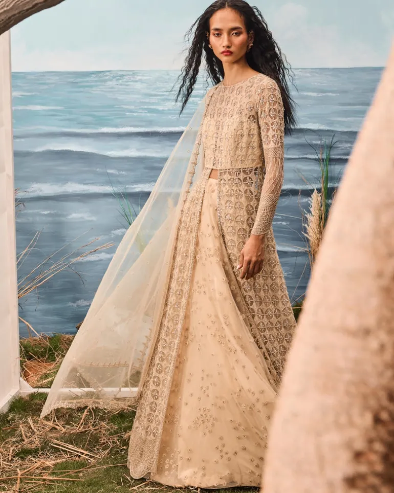 Champagne Geometrically Embroidered Jacket And Lehenga Set