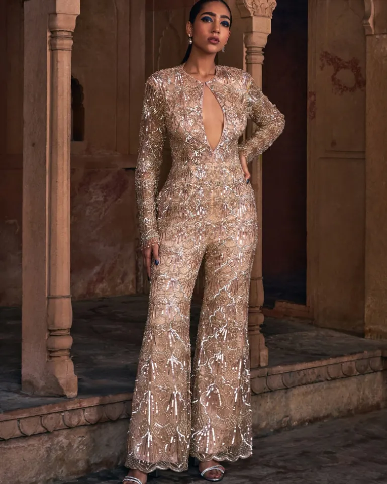 Champagne Gold Full Embroidered Jumpsuit