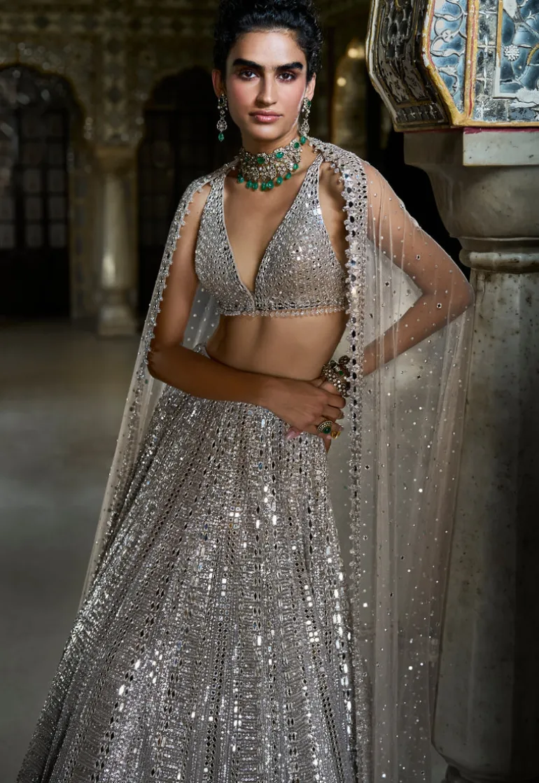 Champagne Mirror Work Lehenga Set
