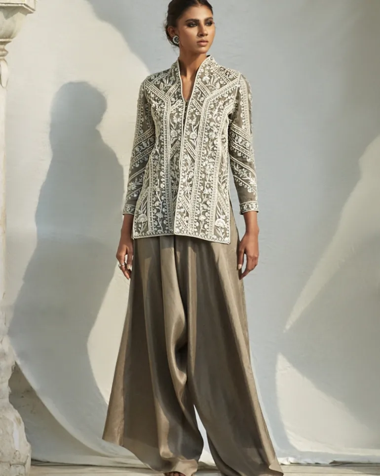 Charcoal Gray Rani Jacket With Loose Pants Set