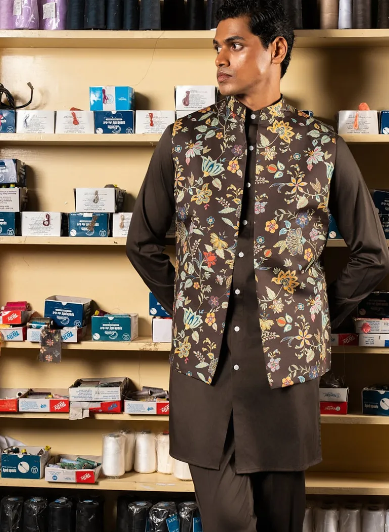 Charcoal Kaari Open Bandi With Matching Kurta Pajama Set