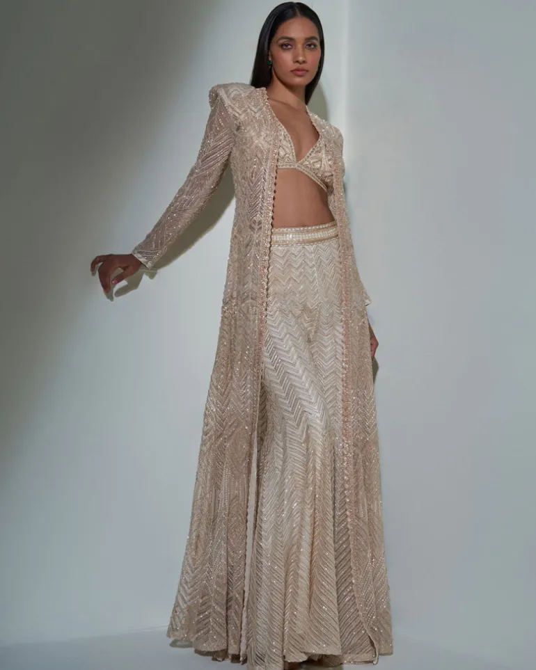 Chrome Gold Embroidered Jacket And Sharara Set