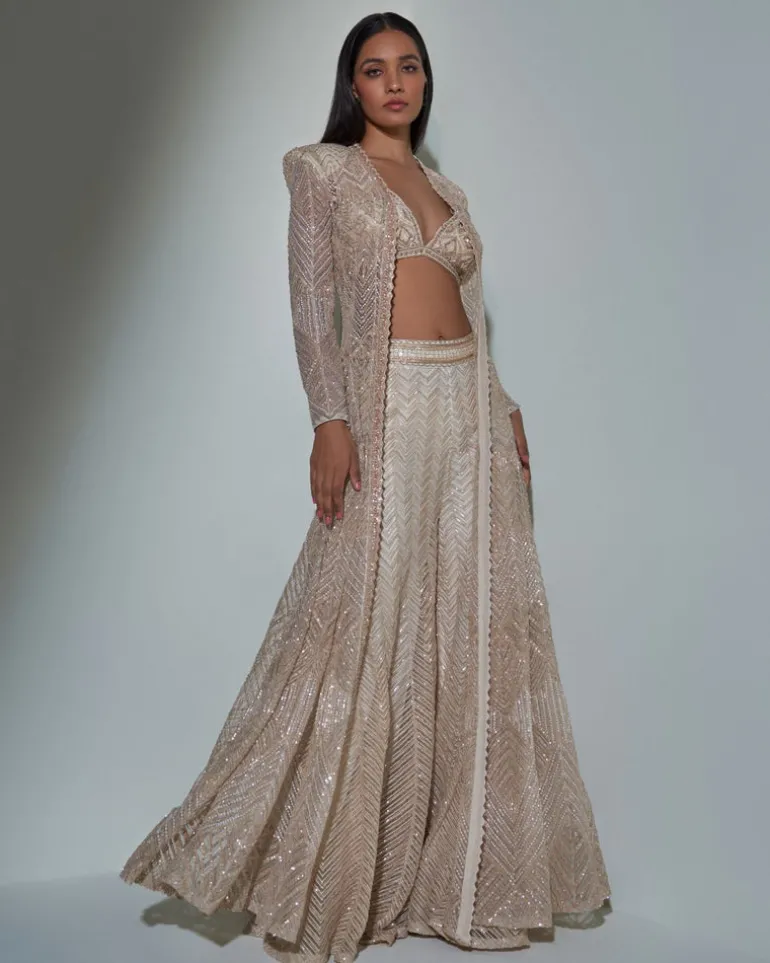 Chrome Gold Embroidered Jacket And Sharara Set
