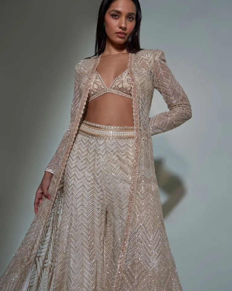 Chrome Gold Embroidered Jacket And Sharara Set