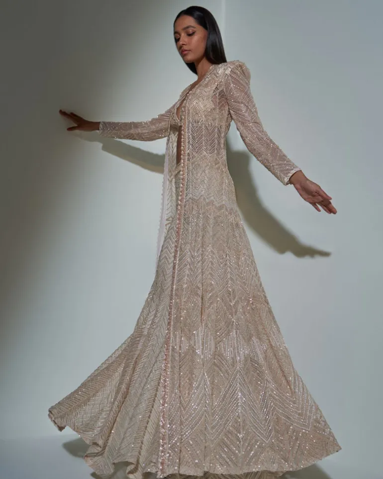 Chrome Gold Embroidered Jacket And Sharara Set