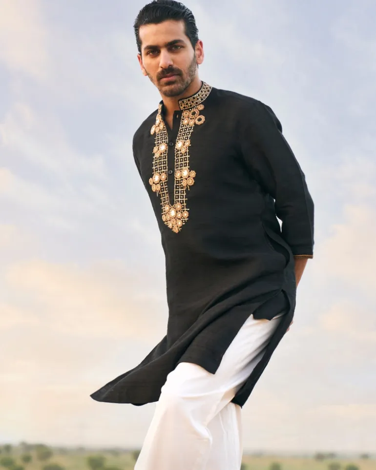 Classic Black Kurta Set with Gold Mirrors