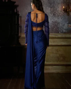 Cobalt Blue Pre Draped Sari Set