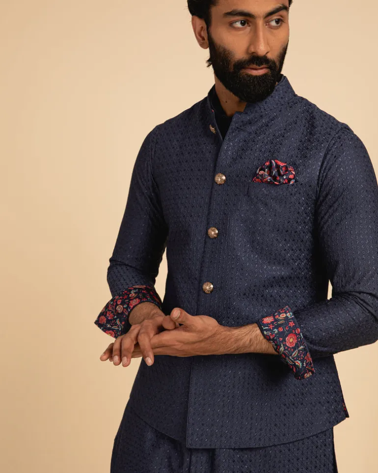 Cobalt Blue Silk Motif Kurta Set
