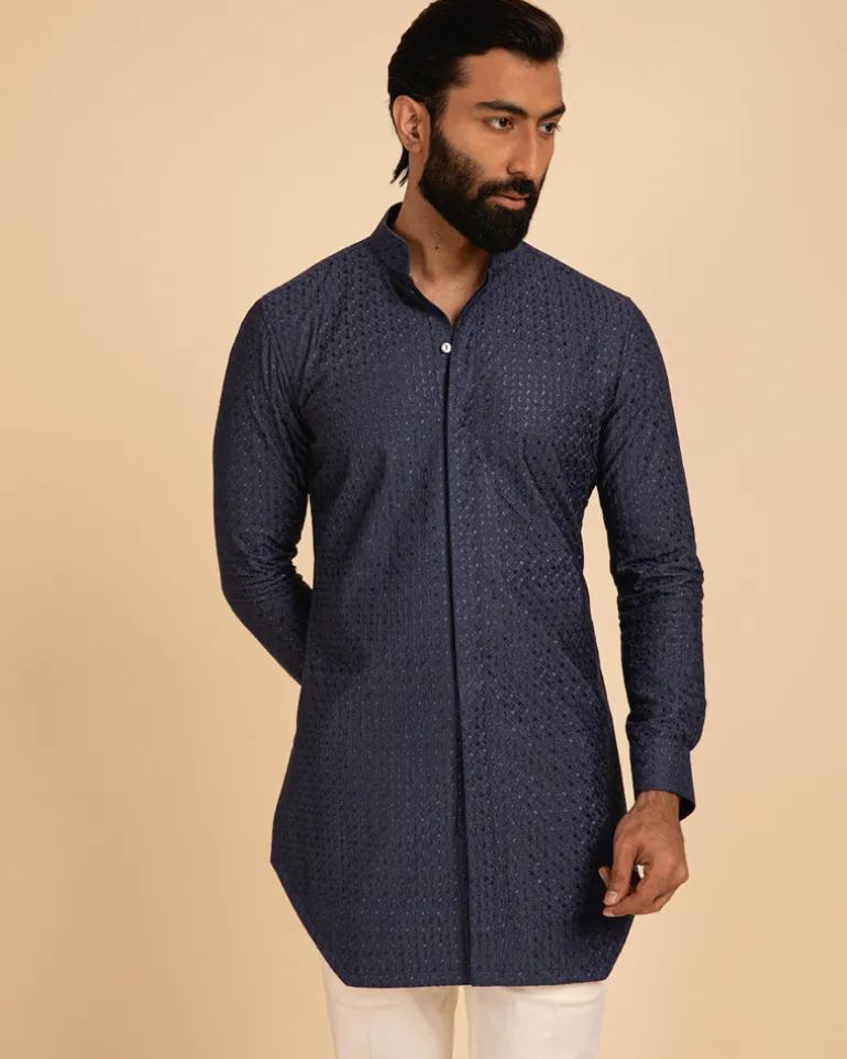 Cobalt Blue Silk Motif Kurta Set