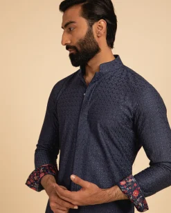Cobalt Blue Silk Motif Kurta Set