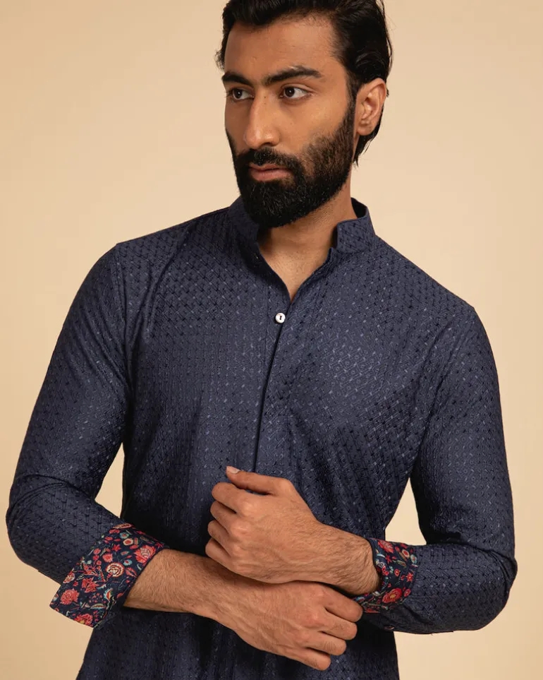 Cobalt Blue Silk Motif Kurta Set