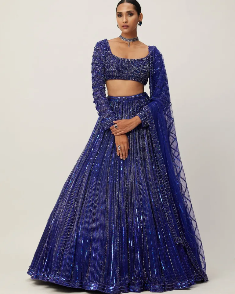 Cocktail Blue Crystal Linear Embroidered Lehenga Set