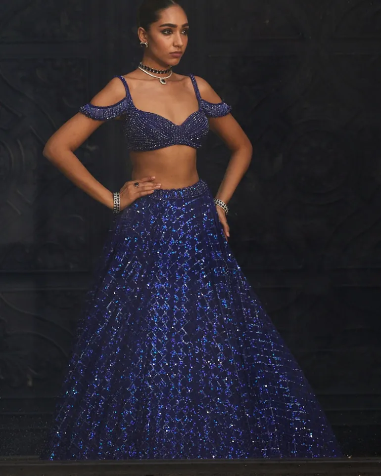 Cocktail Blue Sequins Embroidered Lehenga Set