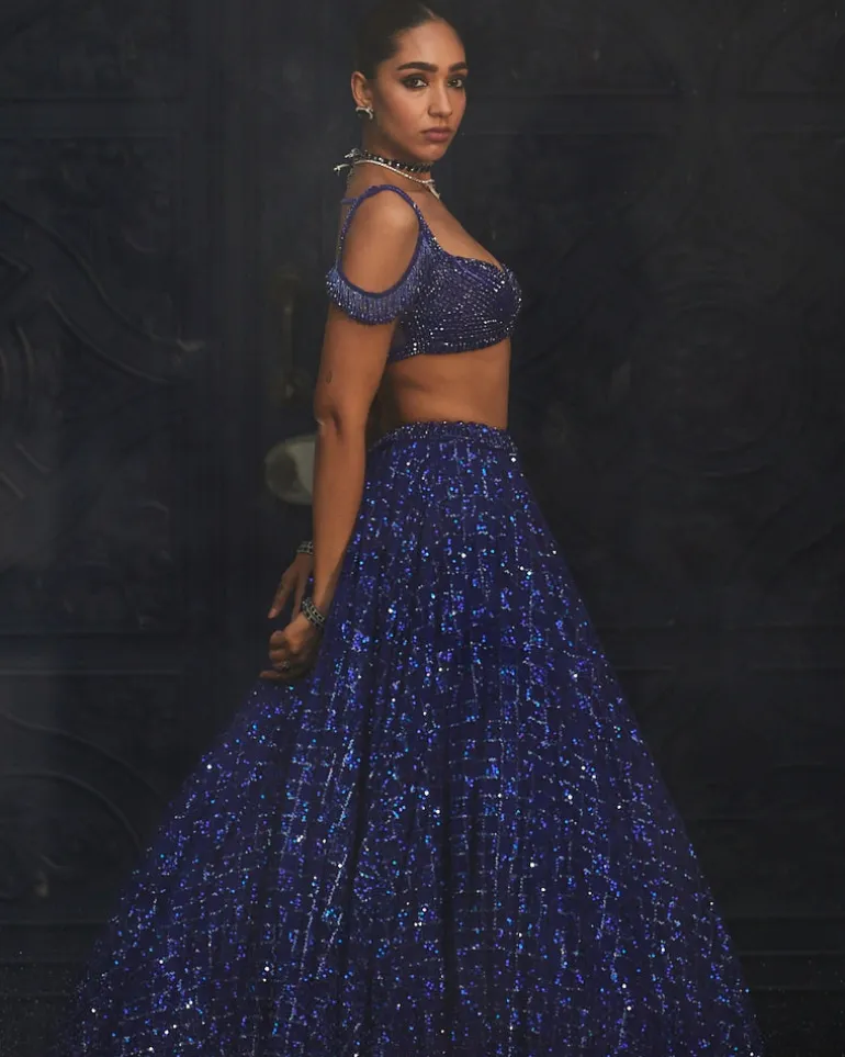 Cocktail Blue Sequins Embroidered Lehenga Set