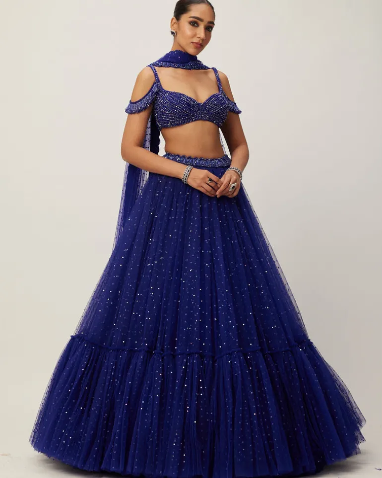 Cocktail Blue Sequins Scattered Tulle Lehenga Set