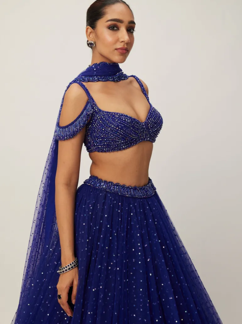 Cocktail Blue Sequins Scattered Tulle Lehenga Set