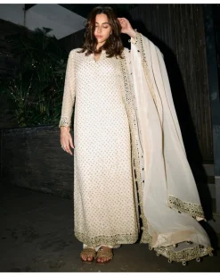 Coconut & Gold Embroidered Kurta Set
