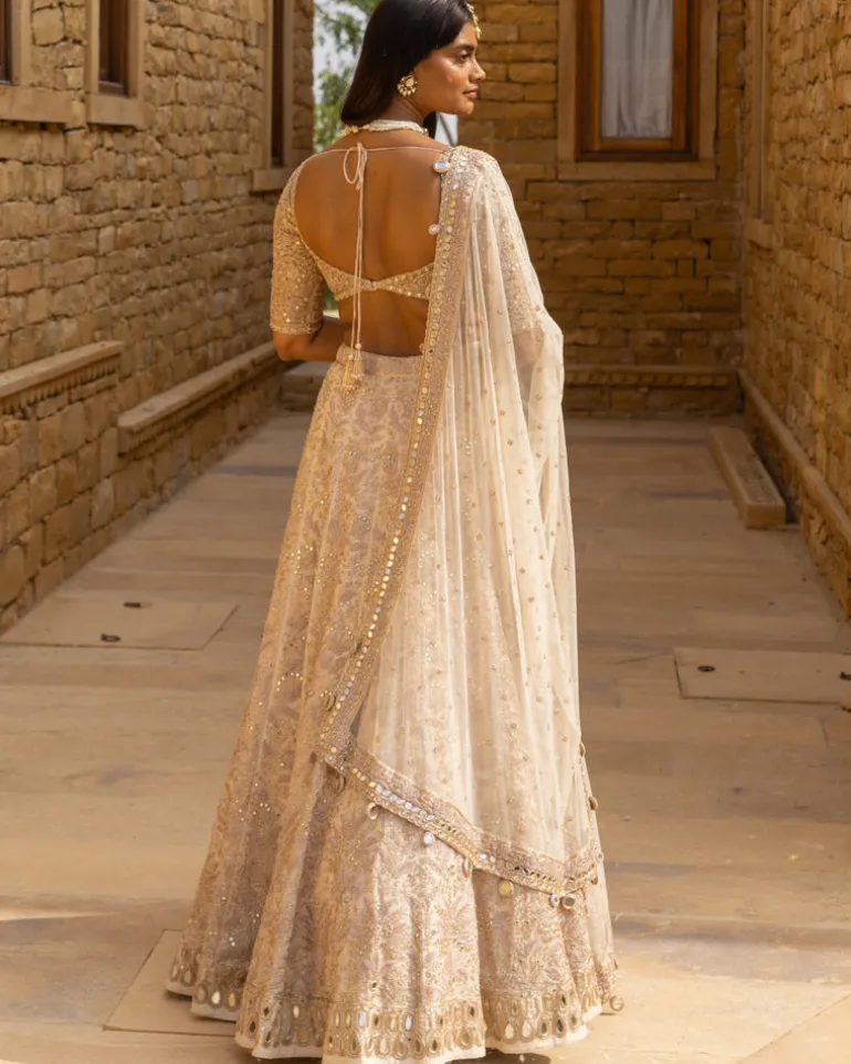 Coconut & Gold Hand Embroidered Lehenga Set