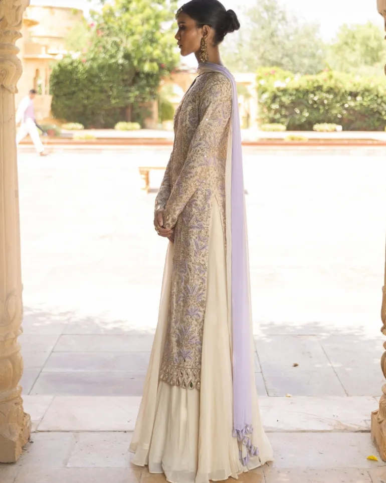 Coconut & Lavendar Embroidered Sharara Set