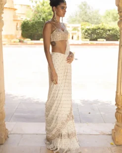 Coconut & Rose Gold Embroidered Sari Set