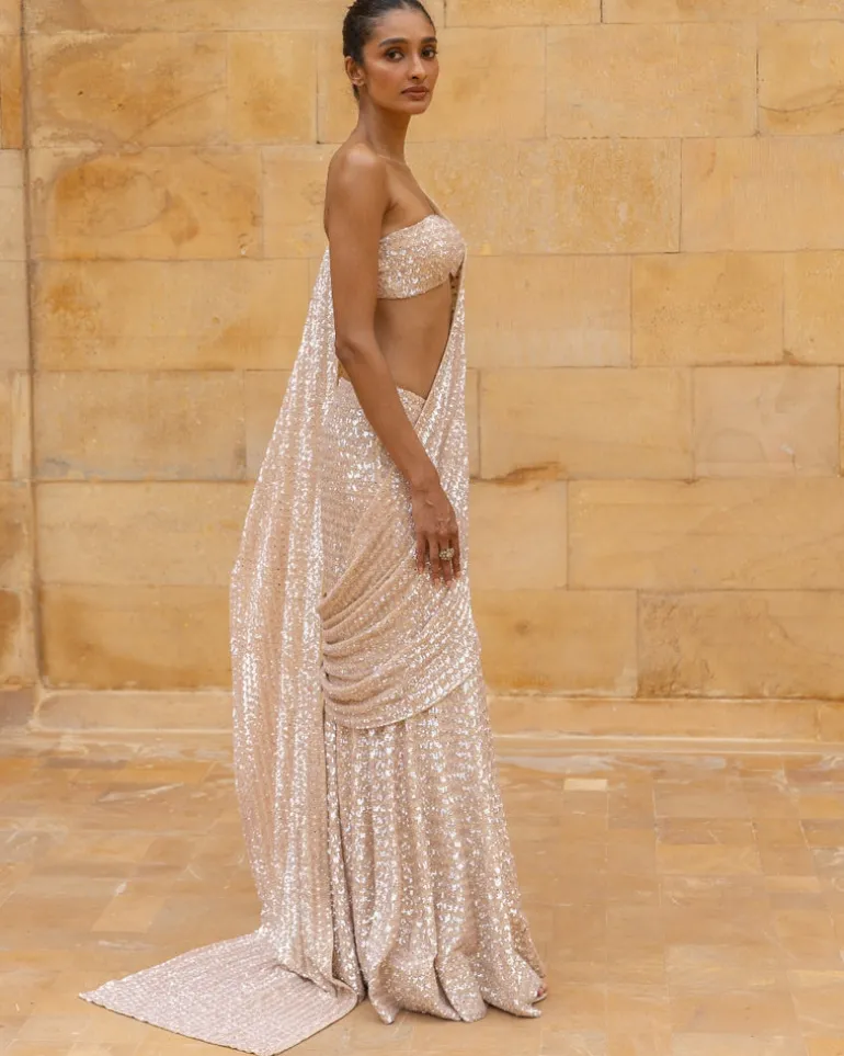 Coconut Embroidered Sequins Sari Set