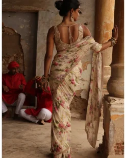 Coconut Pine Print Hand Embroidered Sari Set
