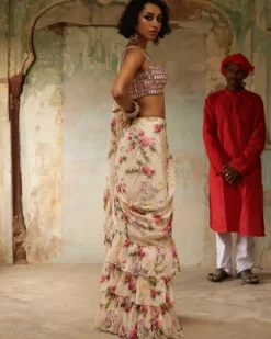 Coconut Pine Print Ruffle Sari Set