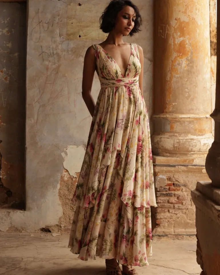 Coconut Pine Print Tiered Dress