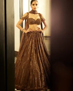Copper Crystal Linear Embroidered Lehenga Set