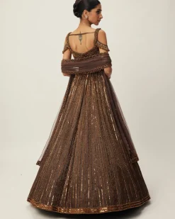 Copper Crystal Linear Embroidered Lehenga Set