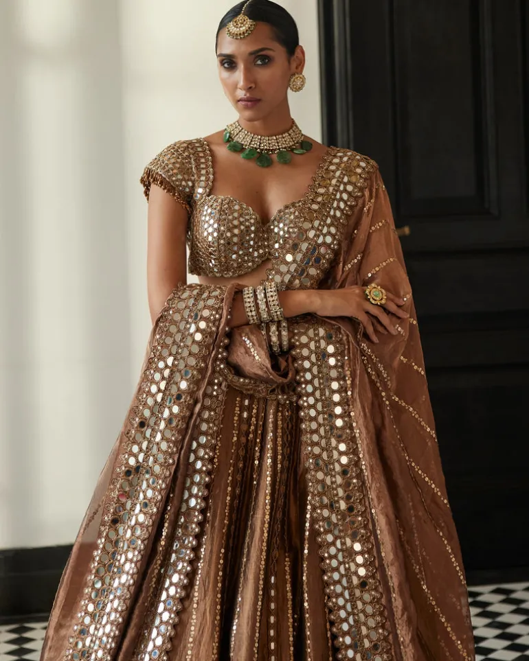 Copper Shimmer Organza Linear Lehenga Set